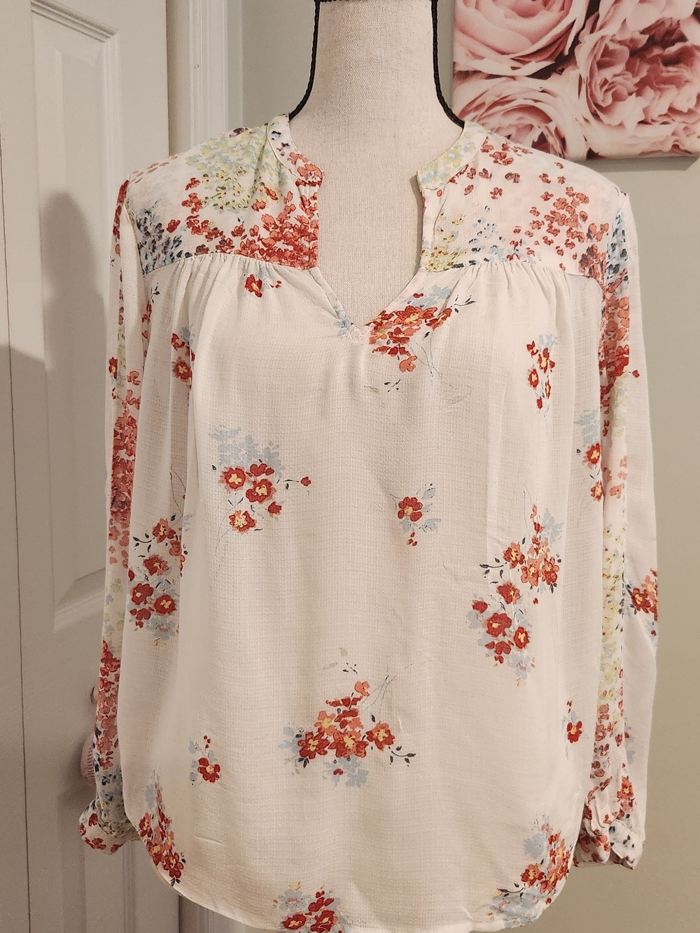 Lucky Brand Ivory Blouse with Red Floral Print